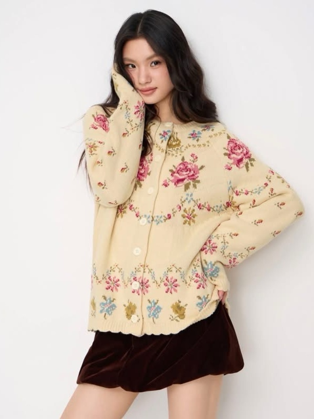Cider KNIT FLORAL ROUND NECK GRANNY CORE LONG SLEEVE OVERSIZED CARDIGAN xs nwt